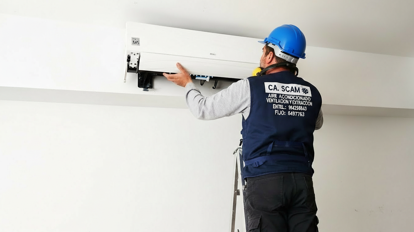 Técnico instalando un equipo de aire acondicionado